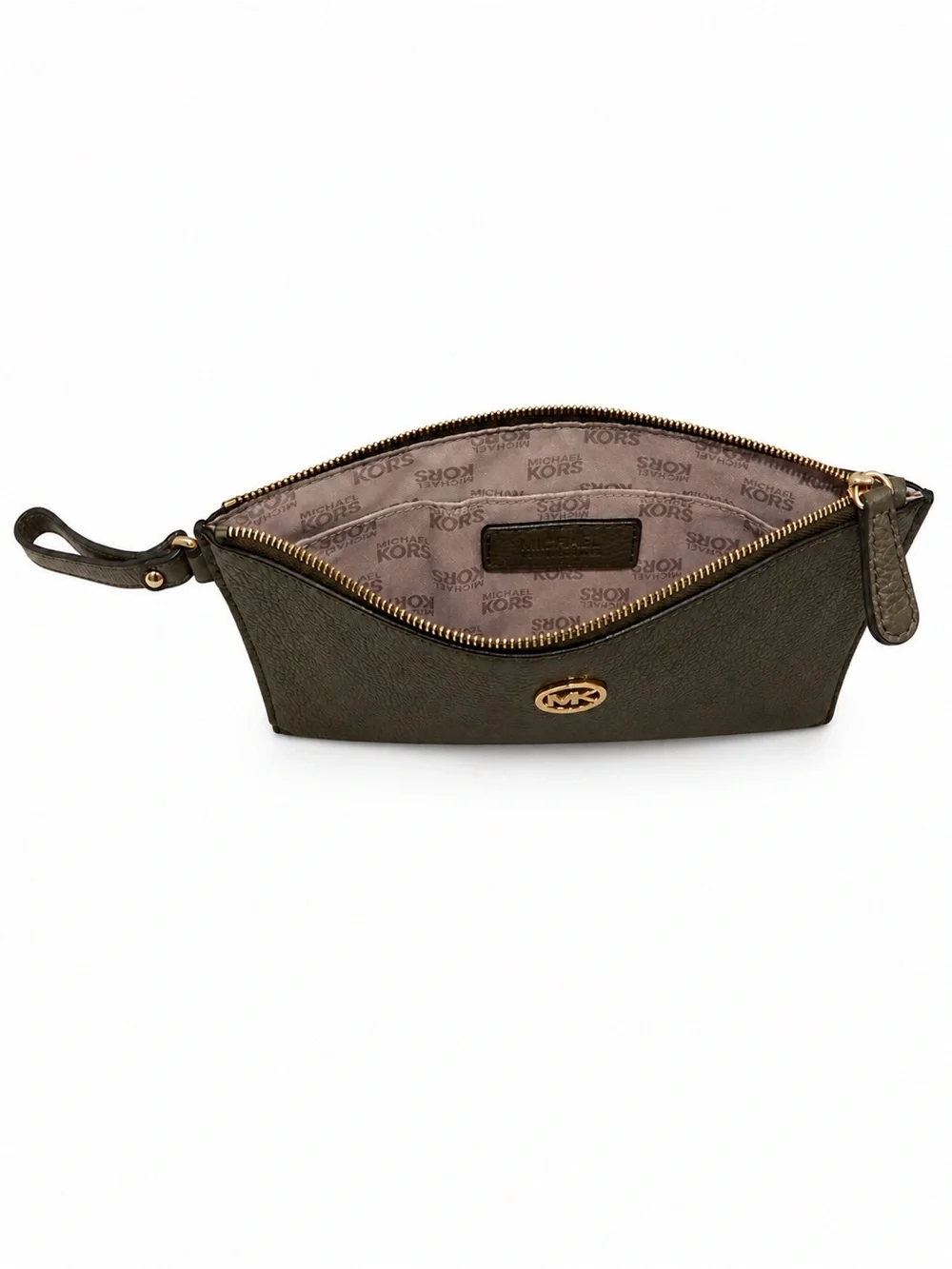 Michael Kors Fulton Large Leather Clutch Wristlet Olive Green Gold Logo